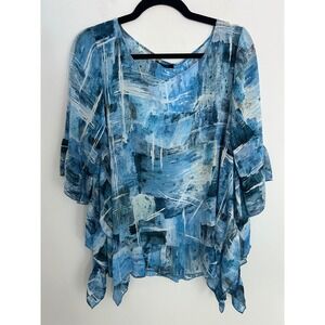 Lace Women Blue Abstract Print Ruffle Sleeve Handkerchief Hem Flowy Blouse Small